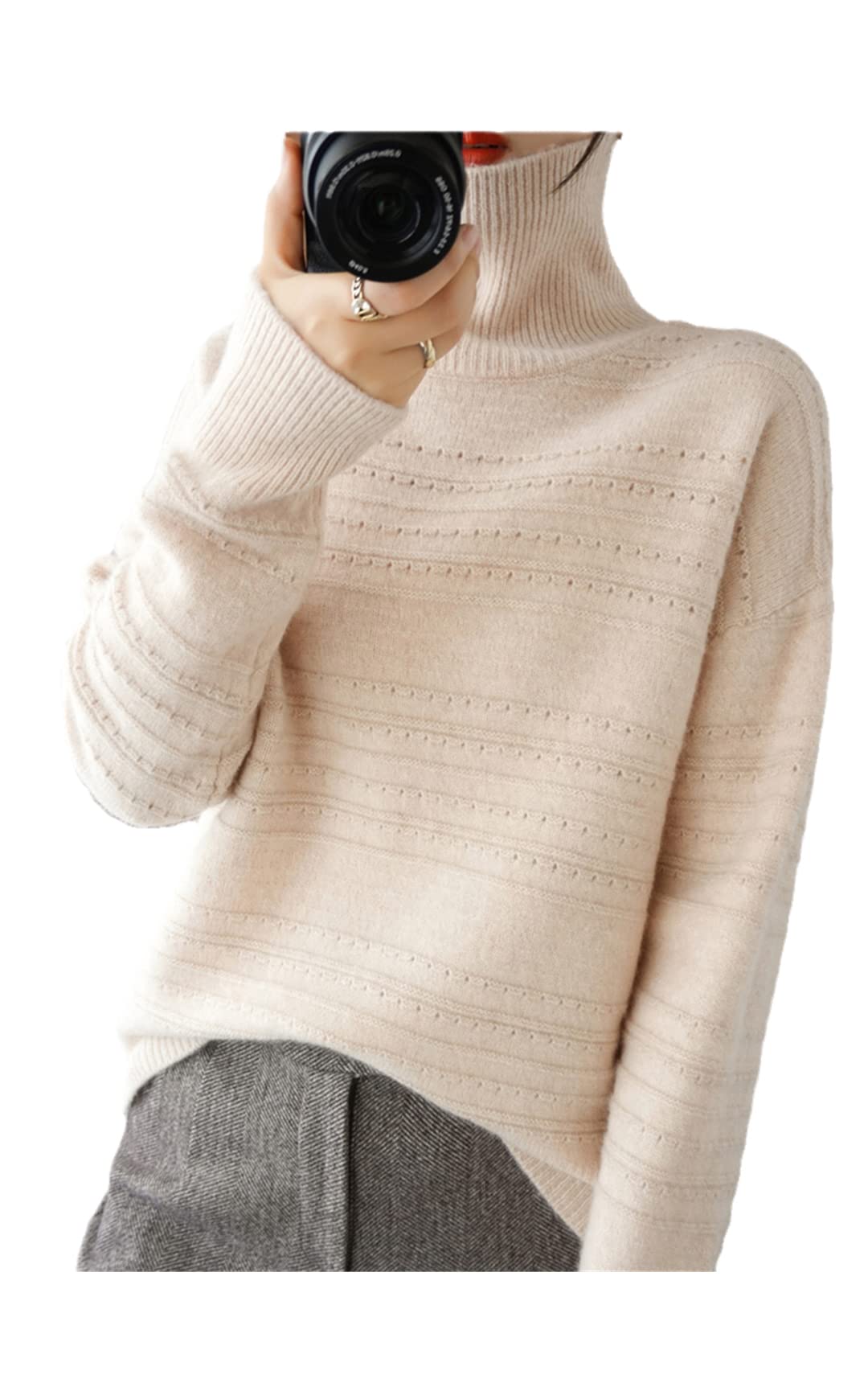 Disimlarl Camicia calda spessa di grandi dimensioni del maglione del cachemire della lana delle donne, Mi Cachi, XXL