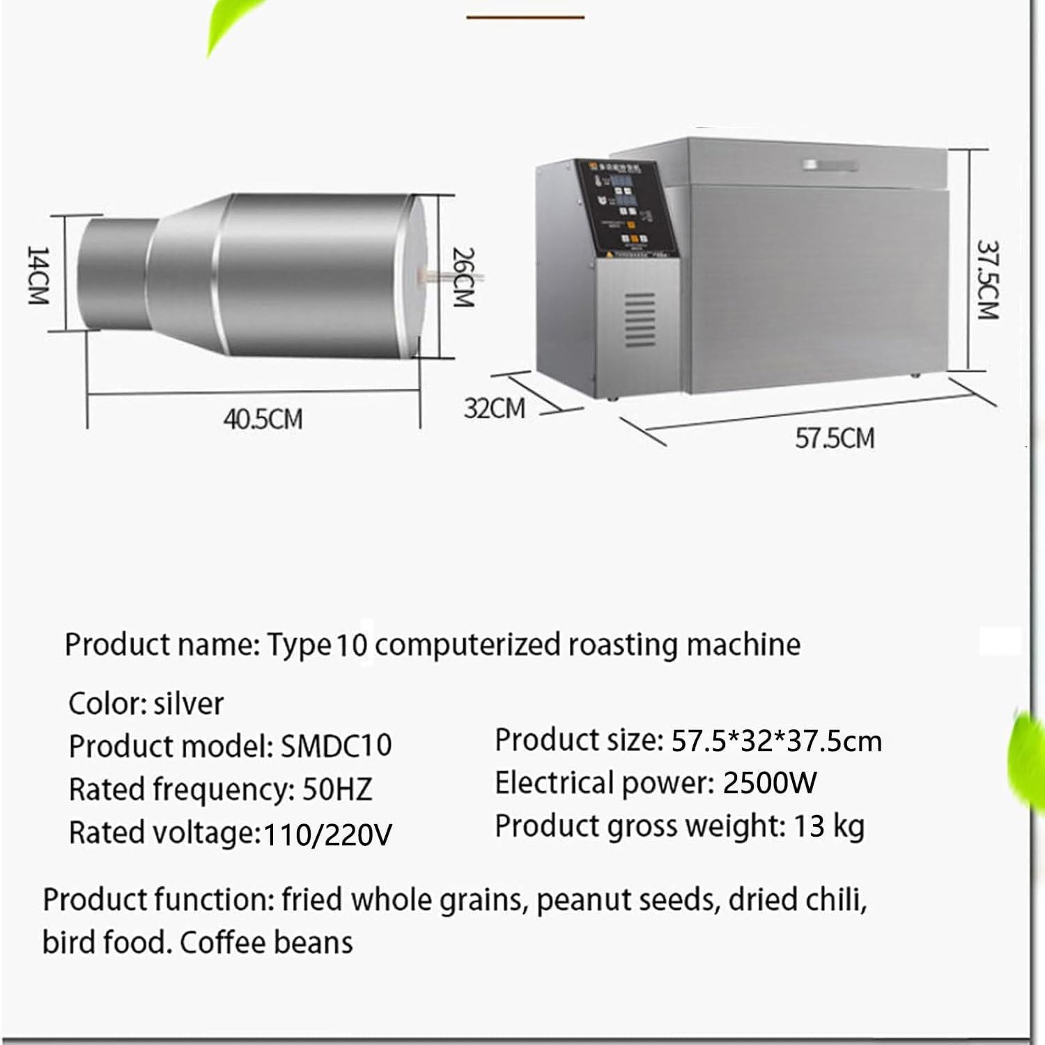 LQQYJSM Stainless Steel Cereals Roaster Nut Baking Tools, Electric Coffee Bean Roaster for Baking Coffee, Chestnut, Peanuts, Grain Adjustable Temperature 0 to 350,4000g