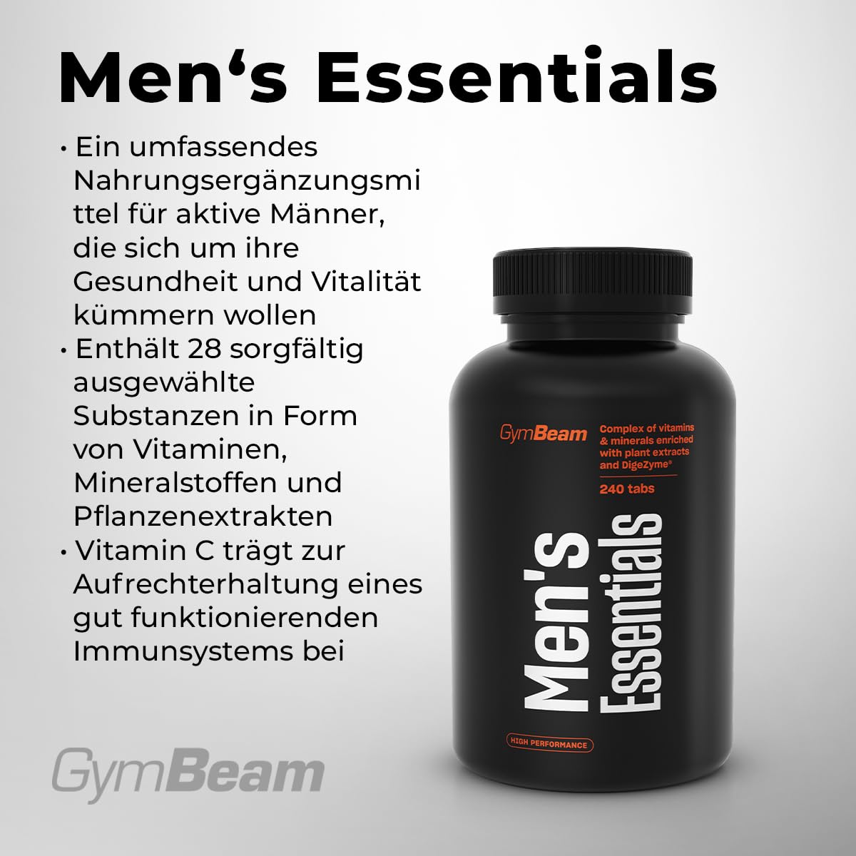GymBeam Men‘s Essentials Vitamin und Mineralienkomplex - Nahrungsergänzungsmittel, komplexes Multivitamin speziell für Männer entwickelt, Tabletten mit 27 Inhaltsstoffen (240 Tab)