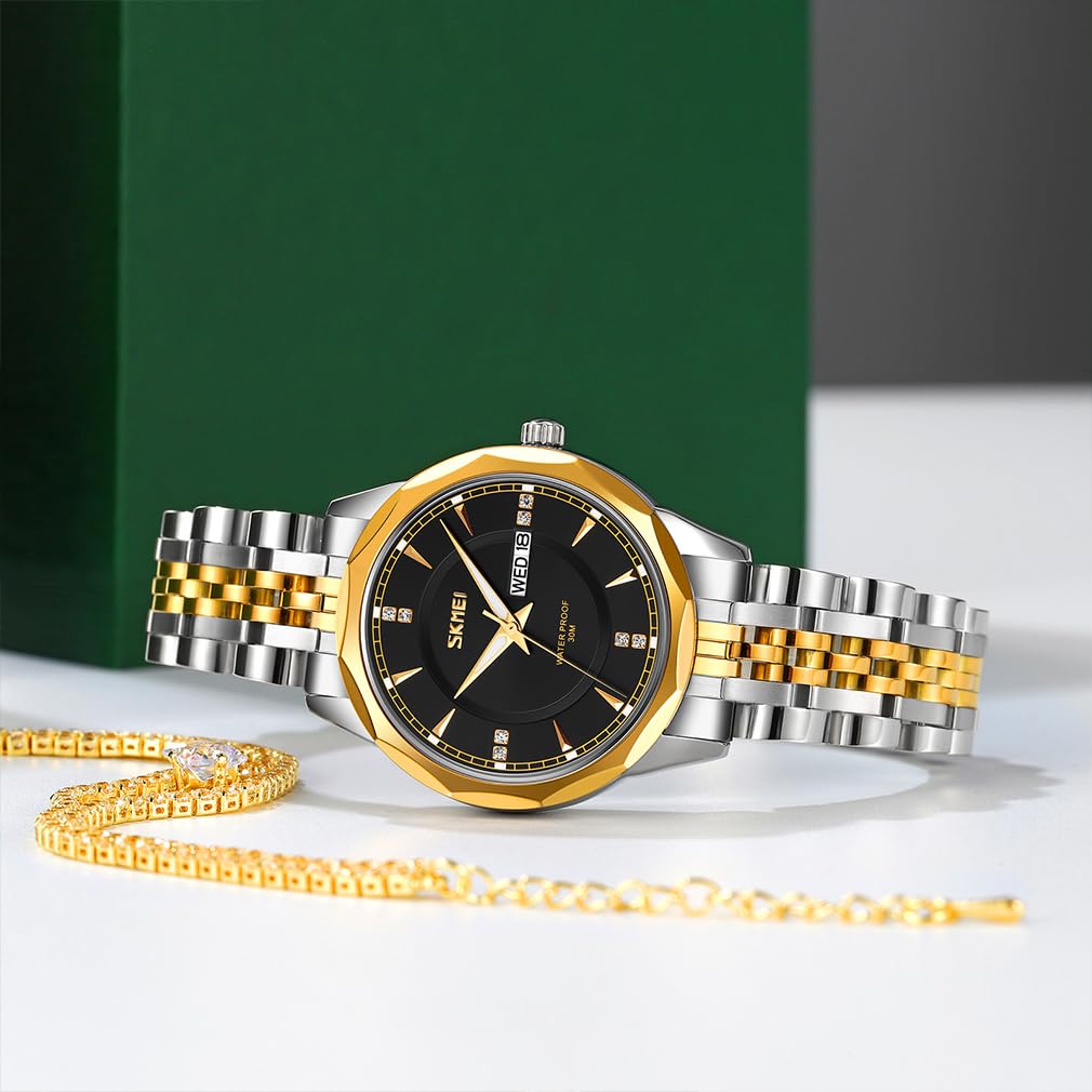 Relojes para mujeres mujeres vestido de acero inoxidable de lujo negocios clásico moda analógico cuarzo impermeable simple día fecha esposa niñas regalos oro plata reloj de pulsera SKMEI, Correa