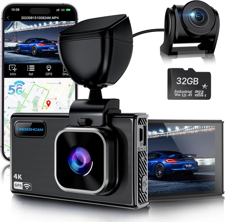 Dash Cam Front and Rear 4K 2 5K Dual Dash Camera for Cars 32GB Card Included Dashcam Built-in
