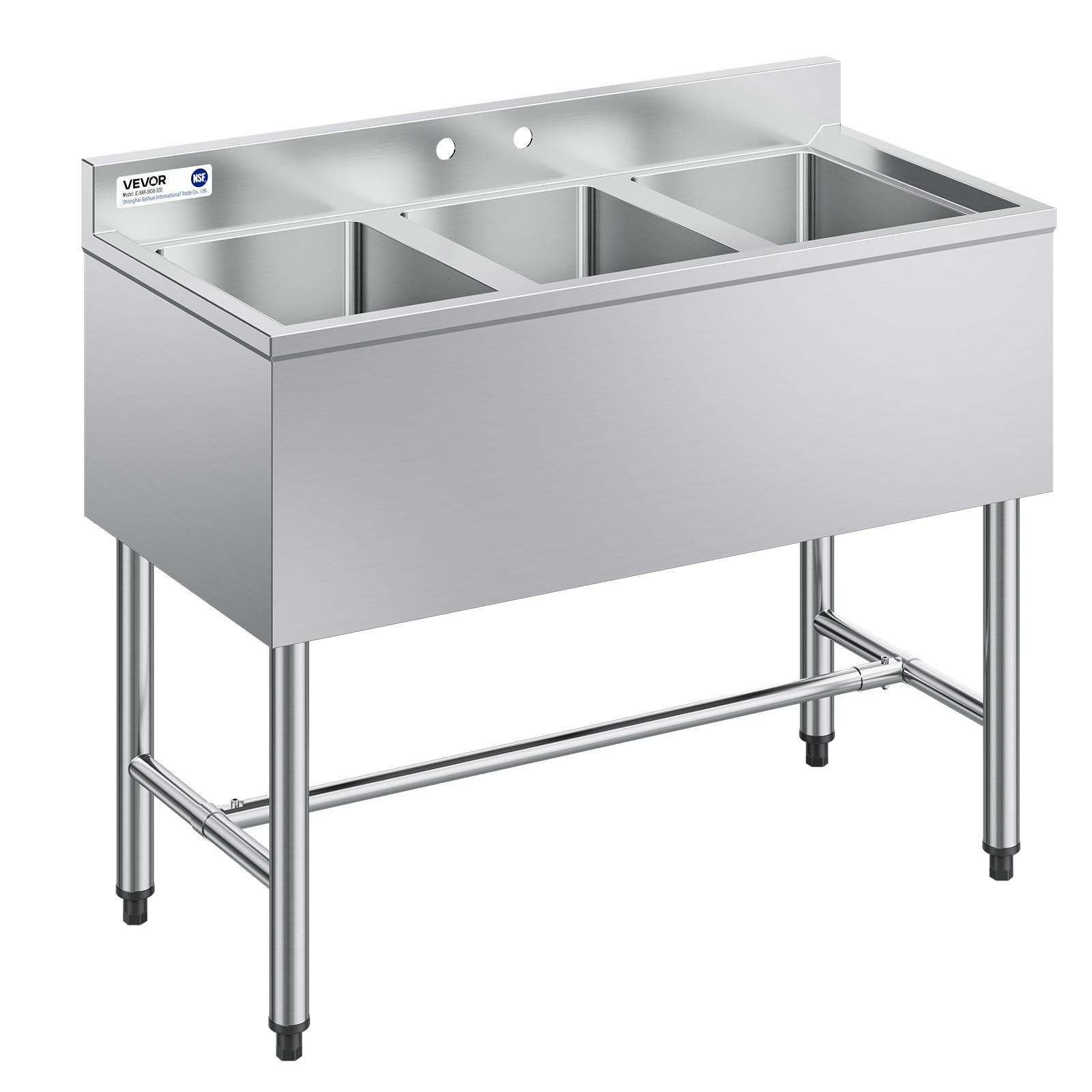 VEVOR 3 Compartment Sink, 18-Gauge 304 Stainless Steel, 10" x 14" x 10" Bowl Size, 3 Bay Commercial Under Bar Sink with Backsplash and Efficient