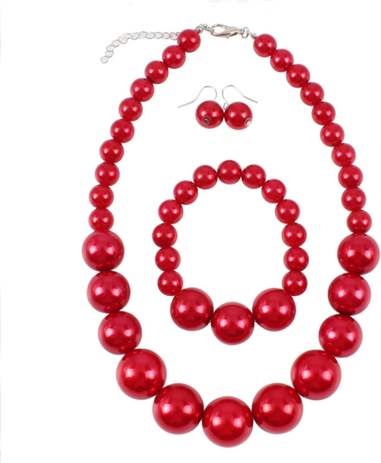 Shuny Red Jewellery Set,Pearl Necklace,Classic Faux Pearl Necklace Earrings & Bracelet Jewellery Set, Pearl Bracelet and a Pair of Stud Earrings in.