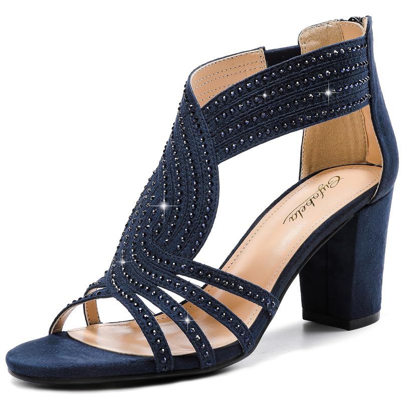 Gufobela Women's Rhinestone Sparkly Chunky Block Heel Sandals Open Toe Dressy Shoes with Zipper Closure for Wedding Prom Homecoming Hoco Formal Events