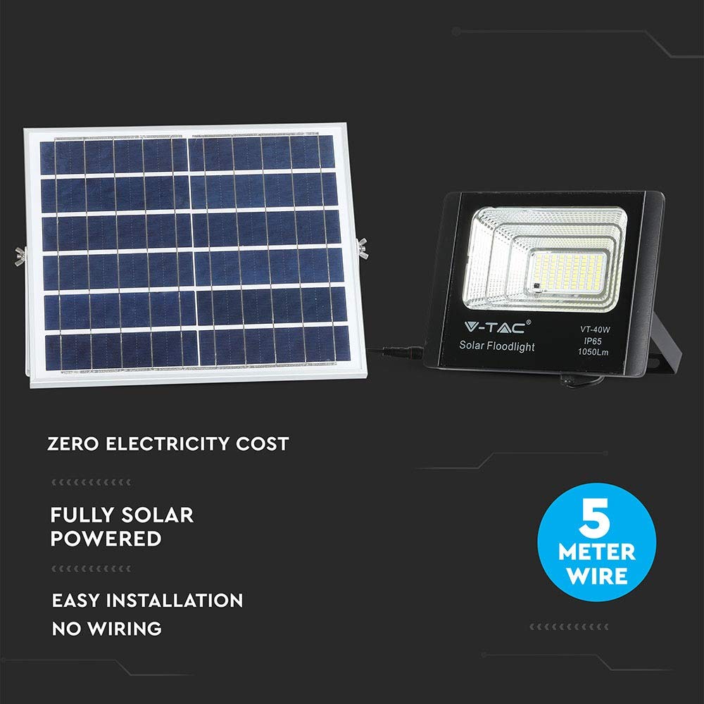 V-tac VT-40W Solar schijnwerper met zonnepaneel - 1050 Lm - 4000K - Zwart