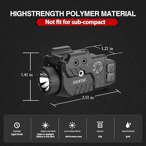 Miniatura 5 de Solofish Combo láser de luz de pistola de 800 lm con riel ajustable, mira láser verde a prueba de golpes y luz de pistola con función
