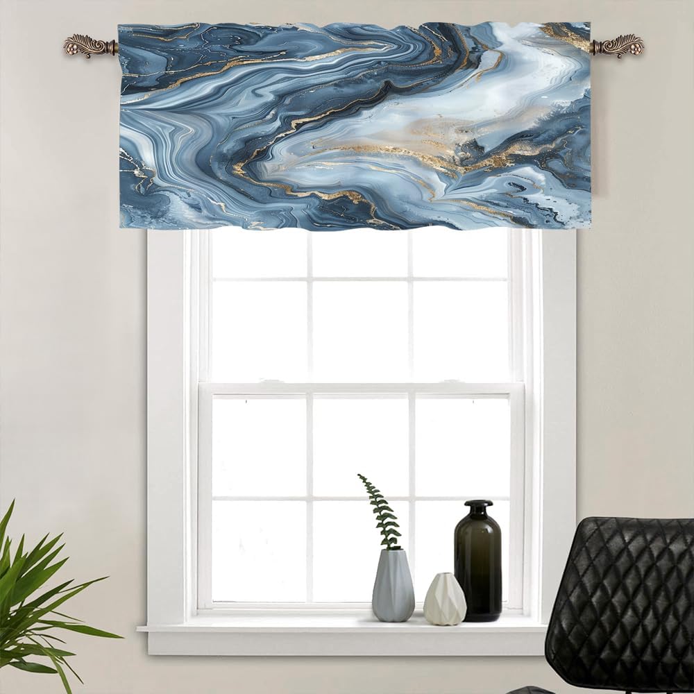 2 Panels Abstract Blue Marble Window Valances, Rod Pocket Classic Modern Geometric Short Curtains Window Treatment for Kitchen, Bathroom, Bedroom Decor, 54" W X 18" L