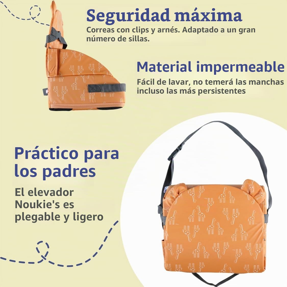 NOUKIE'S – Elevador Ocre bebé de 9 meses a 3 años, silla infantil con respaldo y cojín- Ligero, plegable y nómada, arnés, seguridad, impermeable, extraíble y lavable, máximo 13 kg, ideal para viajar