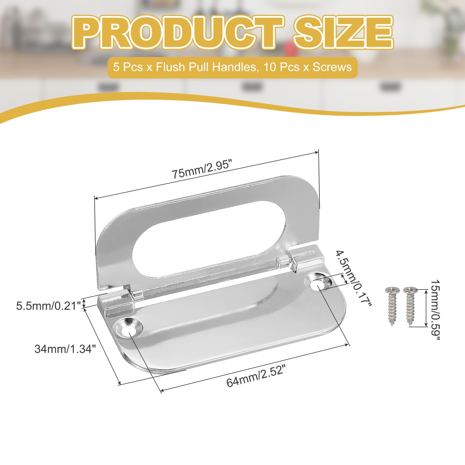 PATIKIL 2.9 Inch (75mm) Flush Ring Pull 5 Pcs Low Profile Drawer Pull Zinc Alloy Flip Drawer Handle with Screws for Furniture Closets Dressers Brushed - Image 2