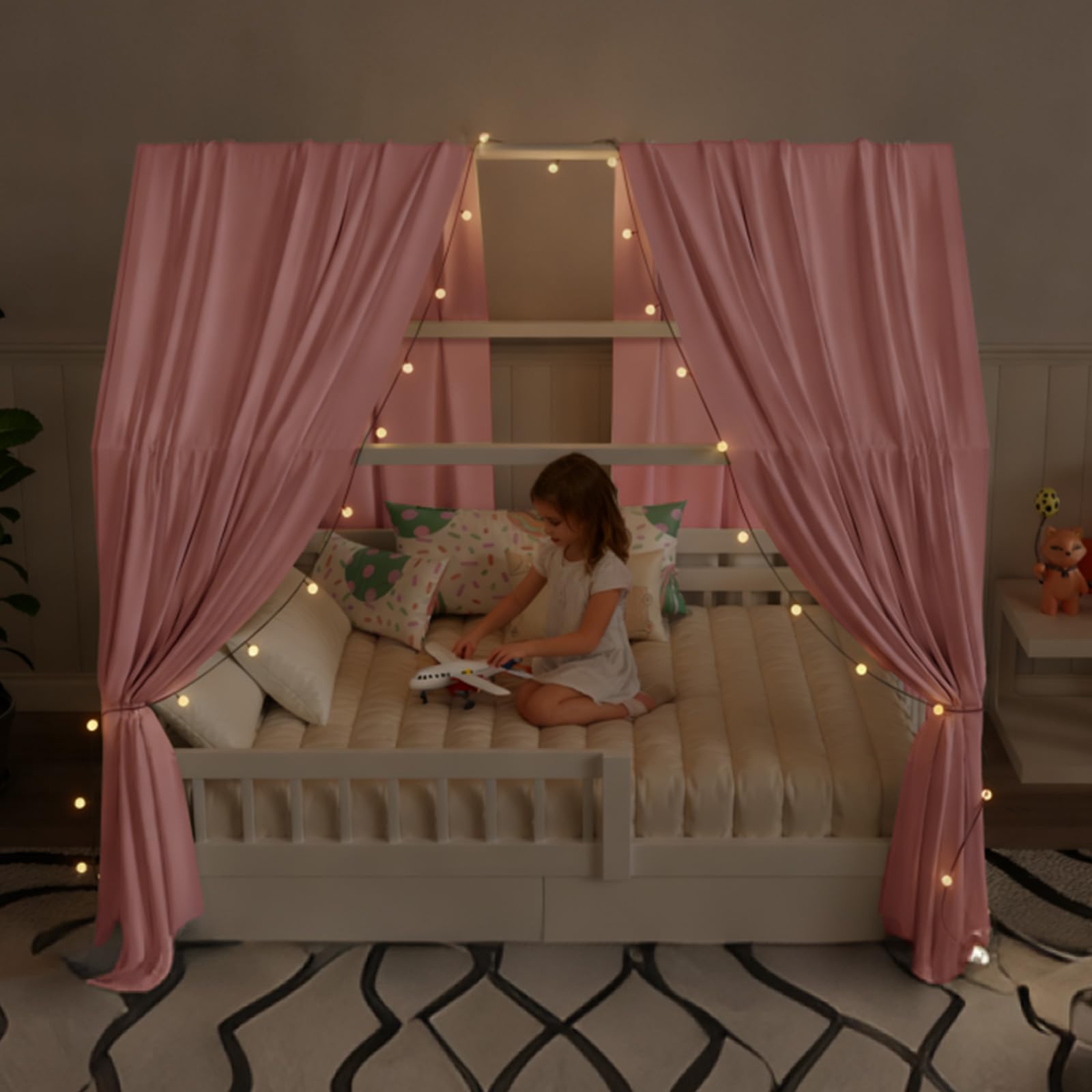 Hausbett Himmel mit Lichterkette 2 Stück Deko Baldachin Hausbett Vorhang,Betthimmel Stoffhimmel Hausbett für Mädchen Jungen Kinderbett,135 x 350 cm Rosa