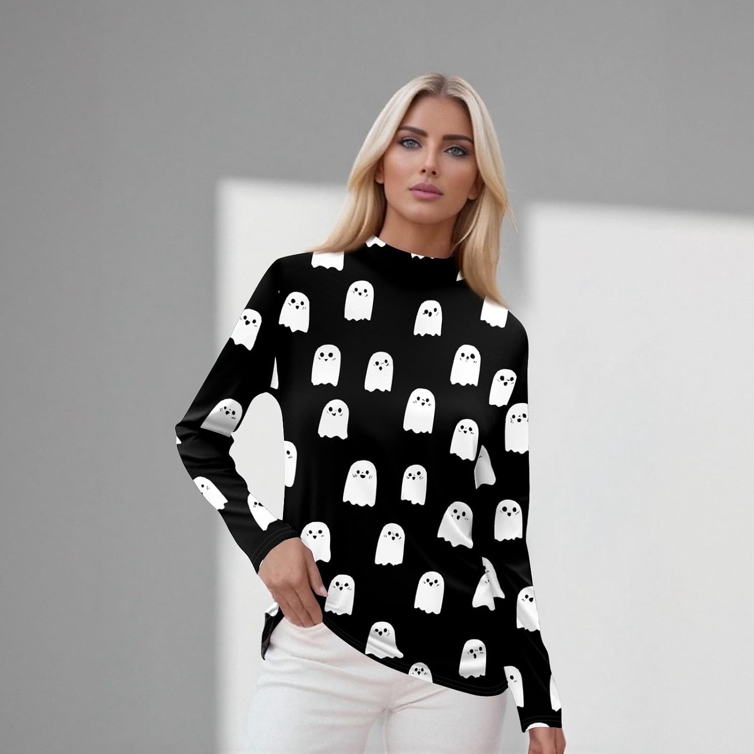 Women Halloween Fall Long Sleeve Mock Neck Ghost Graphic Shirts | Dressy Summer Tops for Women, Graphic Tshirt, Womens Summer Tees, Halloween Costume for Women, Playeras Para