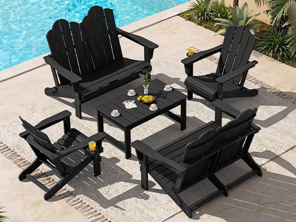 Image of SERWALL 5-Pc HDPE Adirondack Set, 2 Chairs, 2 Benches&1 Coffee Table, Black