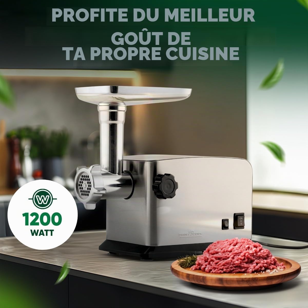 Profi Cook PC-FW 1272 Hachoir à viande électrique 1200 W avec embout pour biscuits/pâtisseries pulvérisées | 3 disques perforés en métal | marche avant et arrière | avec remplissage à saucisses | cou