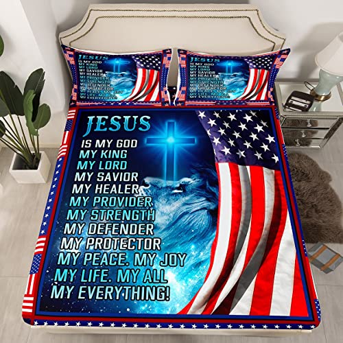 Healing Fitted Sheet Full American Flag Bedding Sets Adult Kids Men Vintage USA Flag Fitted Bed Sheets Inspirational Thoughts Prayers Bedding Sets Retro Wild Animal Lion Bedding, No Flat/Top Sheet