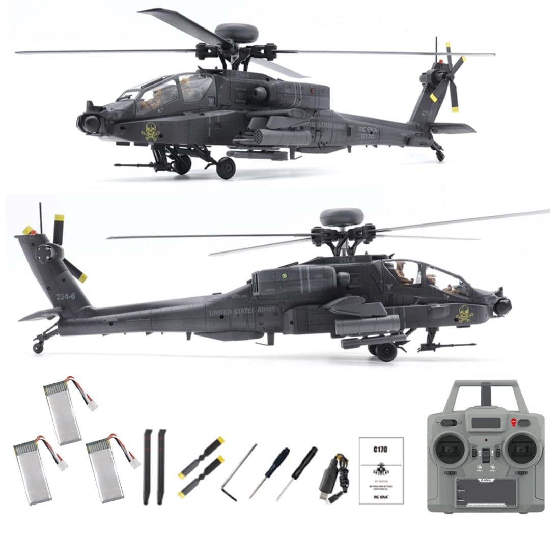 NULA RC-ERA C170 AH-64D RC Helicóptero 1:48 Flybarless Militar, 2,4 G 6 CH con posicionamiento de flujo óptico, mantenimiento de altitud, motor sin escobillas, vuelo invertido gris oscuro/3 baterías