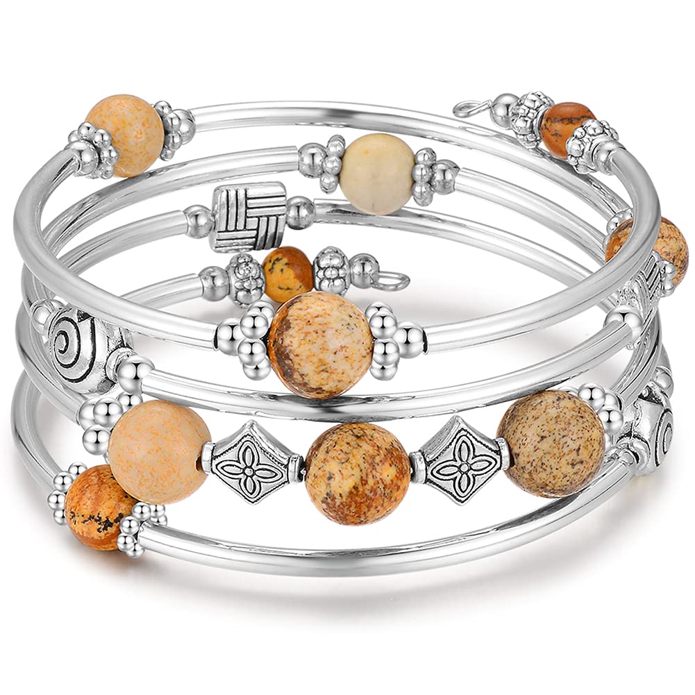 Beaded Pearl Bangle Wrap Bracelet - Fashion Bohemian Jewelry Multilayer Charm Bracelet with Thick Silver Metal Beads, Gift For Women