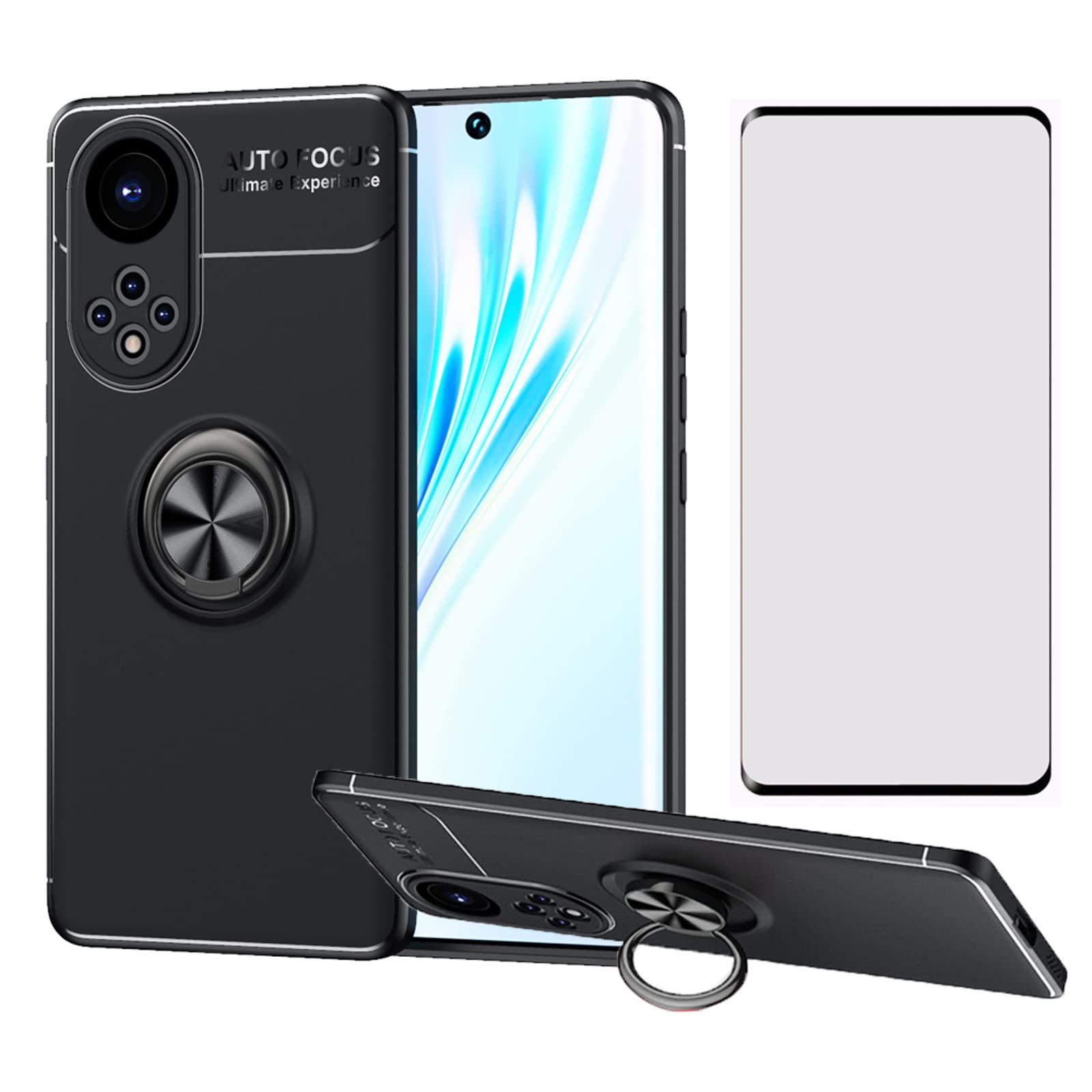 Compatible with Honor 50 5G/Huawei Nova 9 Phone Case and Tempered Glass Screen Protector With Ring Stand Kickstand Silicone Metal Cell Accessories Hawaii Nova9 Honor50 Cover Women Men Black