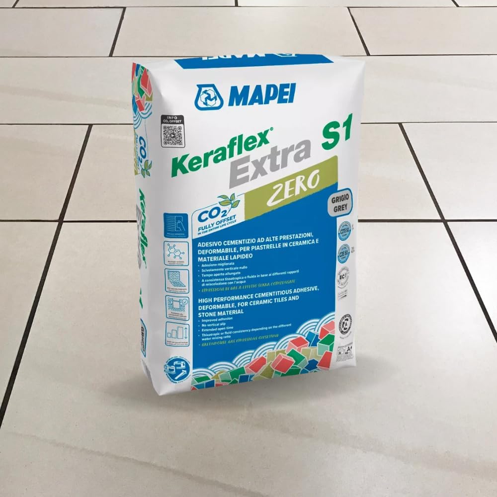 Mapei Keraflex Extra S1 Zero Adesivo Cementizio per Piastrelle, Grigio, Alta Prestazione, Bassa Polverosità, Sacco 25 Kg