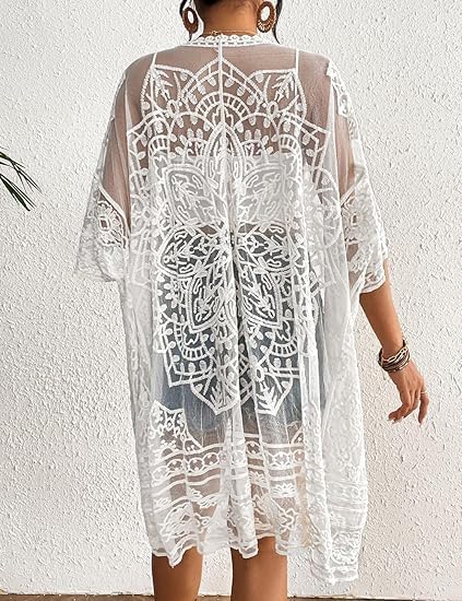 Bsubseach Lace Kimonos for Women 2025 Swim Cover Up Summer Beach Coverup Open Front Sheer Kimono Cardigan - Image 5