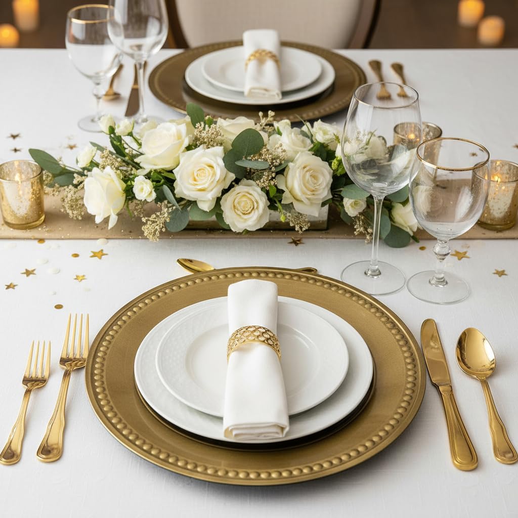 Gold Charger Plates Set of 8-13 Inch Plastic Plate Chargers | Vintage Style for Weddings, Holiday Parties, Banquets & Family Gatherings, Elegant Chargers for Dinner Plates (8, Gold-DGZ)