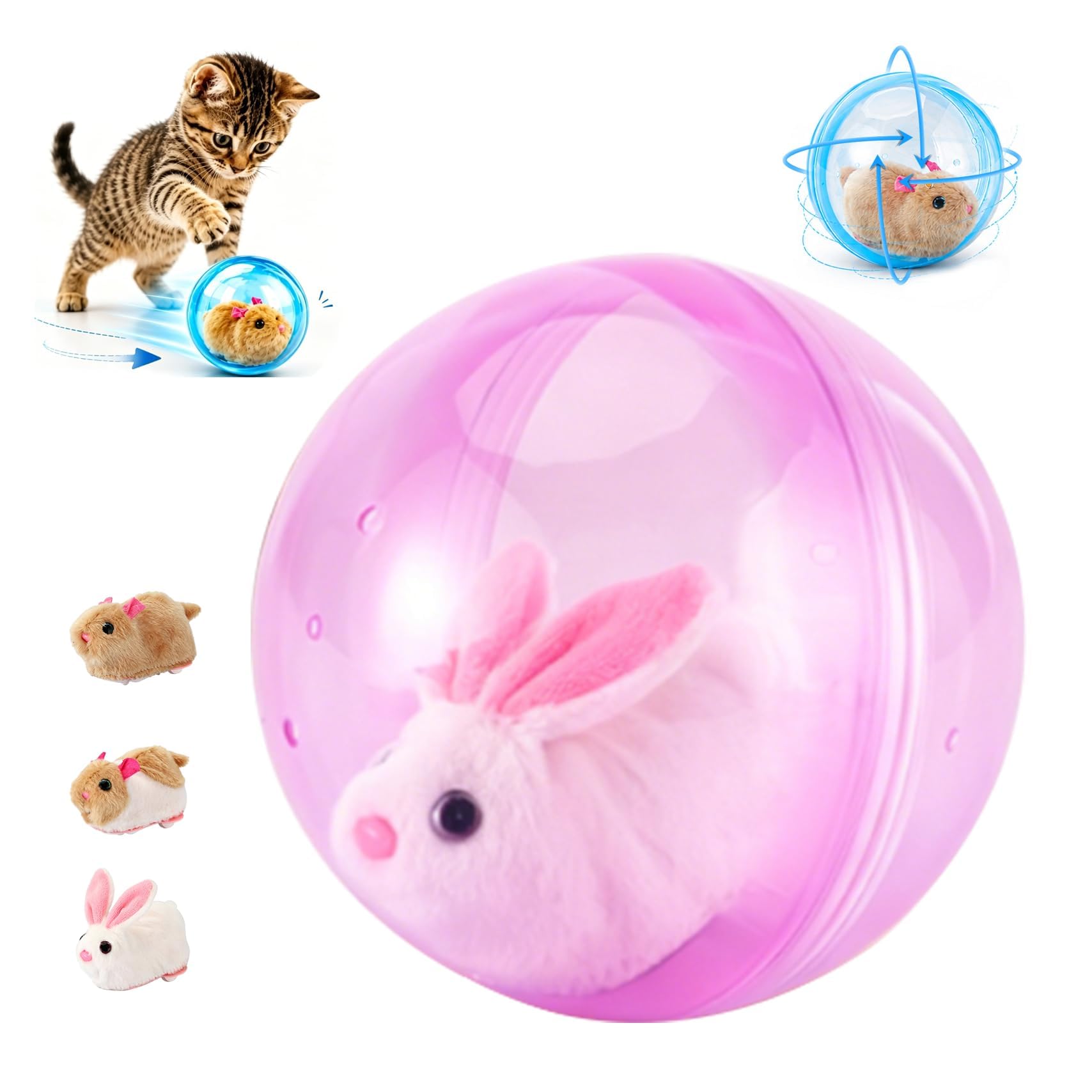 Self-Rolling Interactive Cat Ball Toy, Automatic 360° Moving Spin Ball for Cats and Dogs Chasing, Realistic Plush Animal Design, Indoor Use，Pink：Rabbit