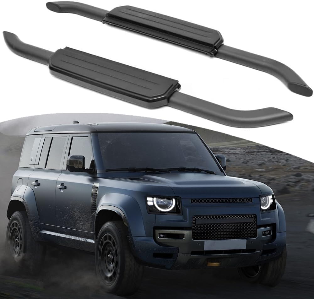 Running Boards Side Bars Side Steps Compatible with LR Defender 90 2020-2026,Flat Style Aluminum Step Rail Striped Pattern (Black Black)