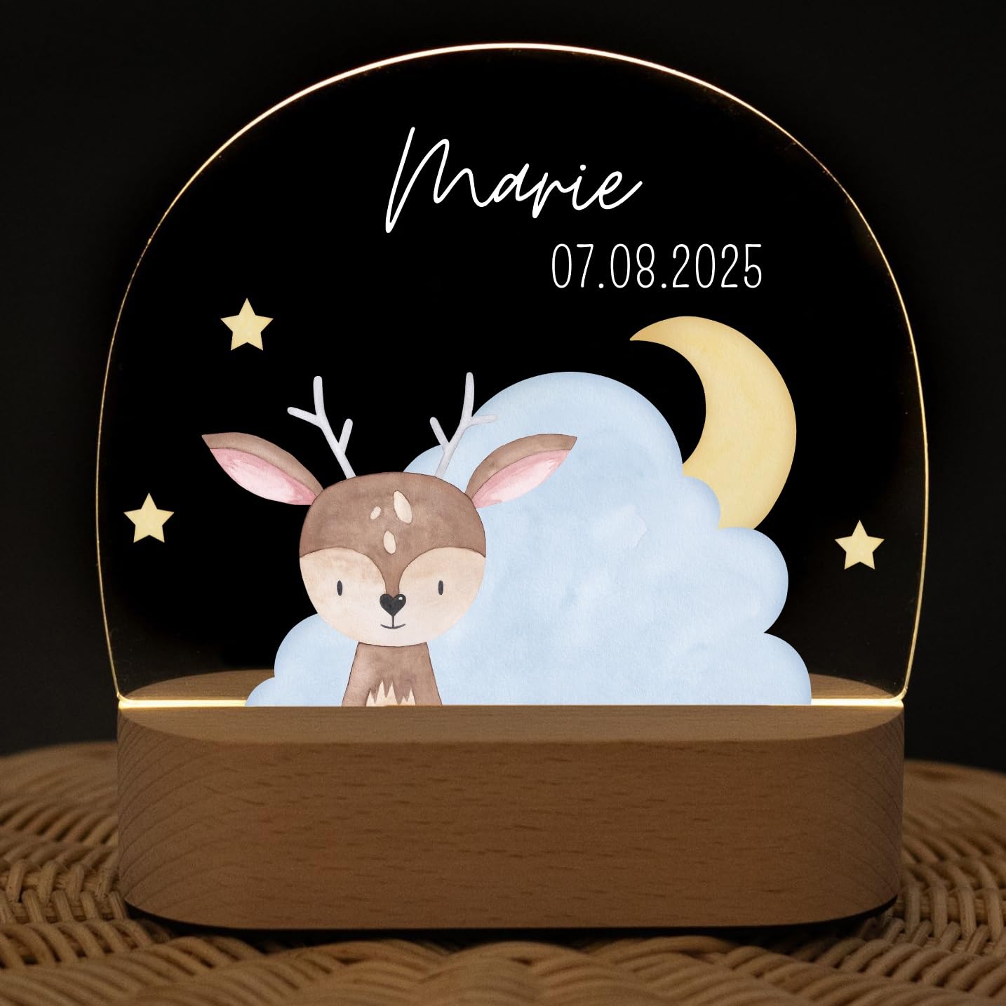 wunderwunsch® - Personalisiertes Nachtlicht für Babys - Individuelle Nachttischlampe für Kinder - Personalisierte Geschenke Kinder - Babygeschenk - Geschenk zur Geburt (Reh)