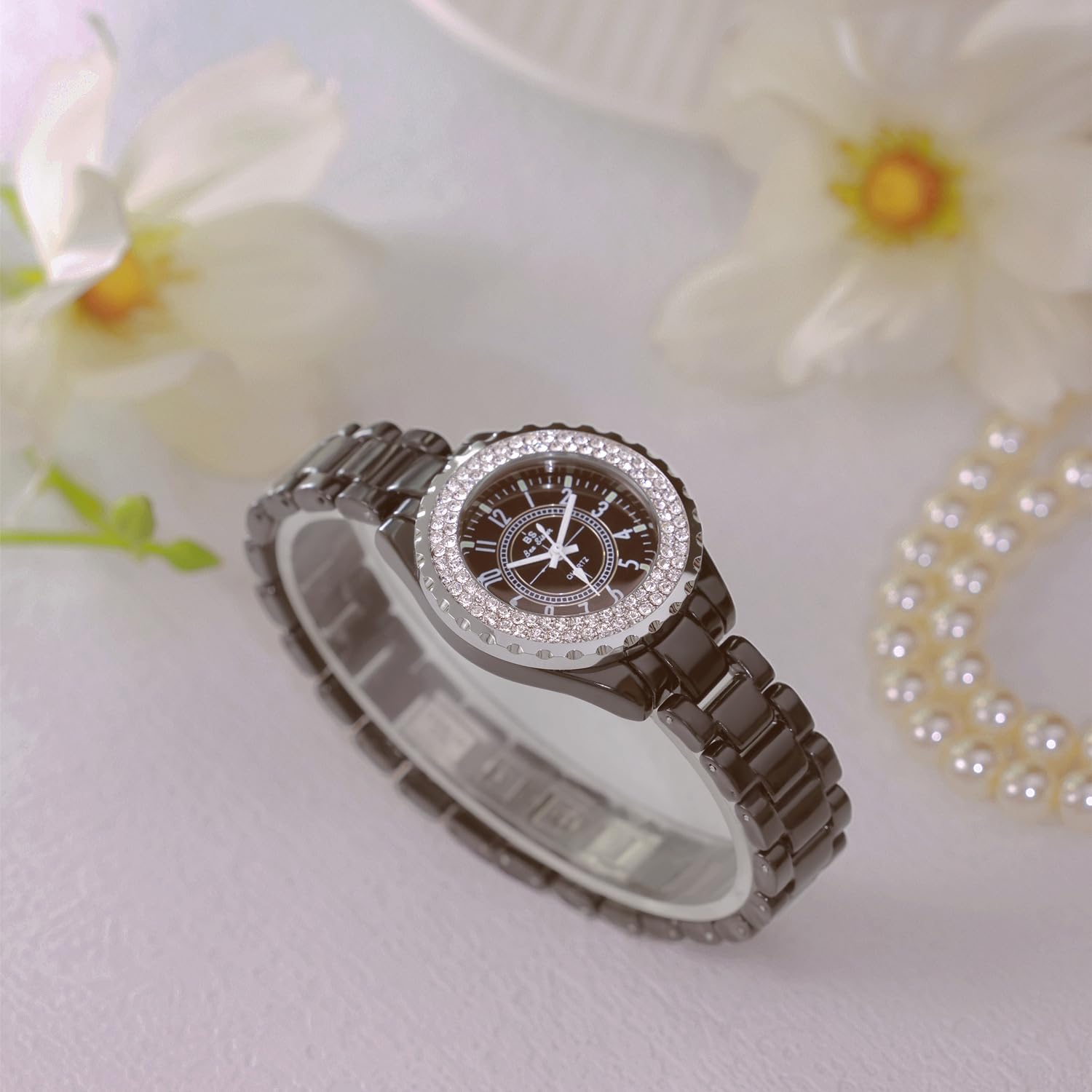 Reloj analógico de cuarzo con cristal de Swarovski, resistente al agua, de cerámica blanca, para mujer, Negro -