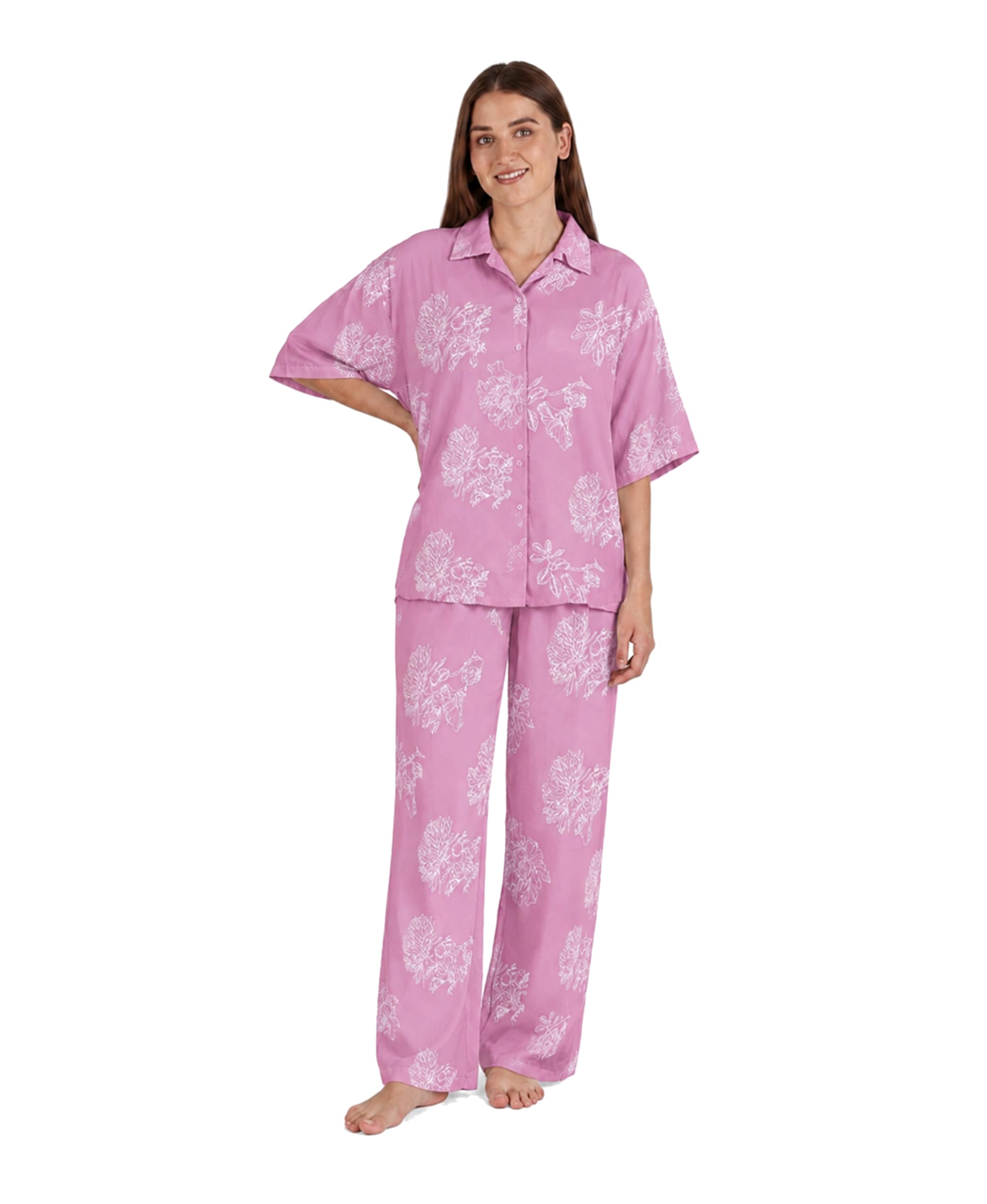 SERENAIRE Women's Floral Printed Co-Ord Set | Viscose Rayon Shirt & Pant Set | Half Sleeve Relaxed Fit Two-Piece Outfit with Pockets-picture-40