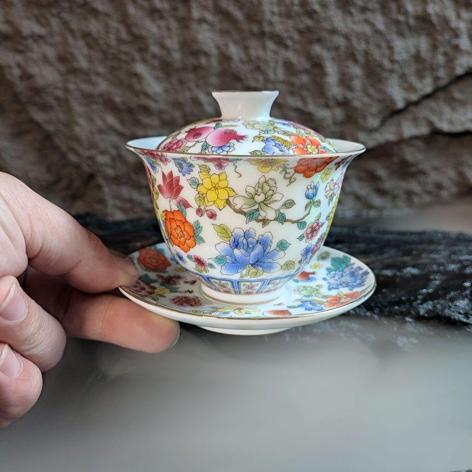 中国茶器 琅彩花卉図紋三才蓋碗 景徳镇 蓋付き茶器 飲茶食器 煎茶具 未