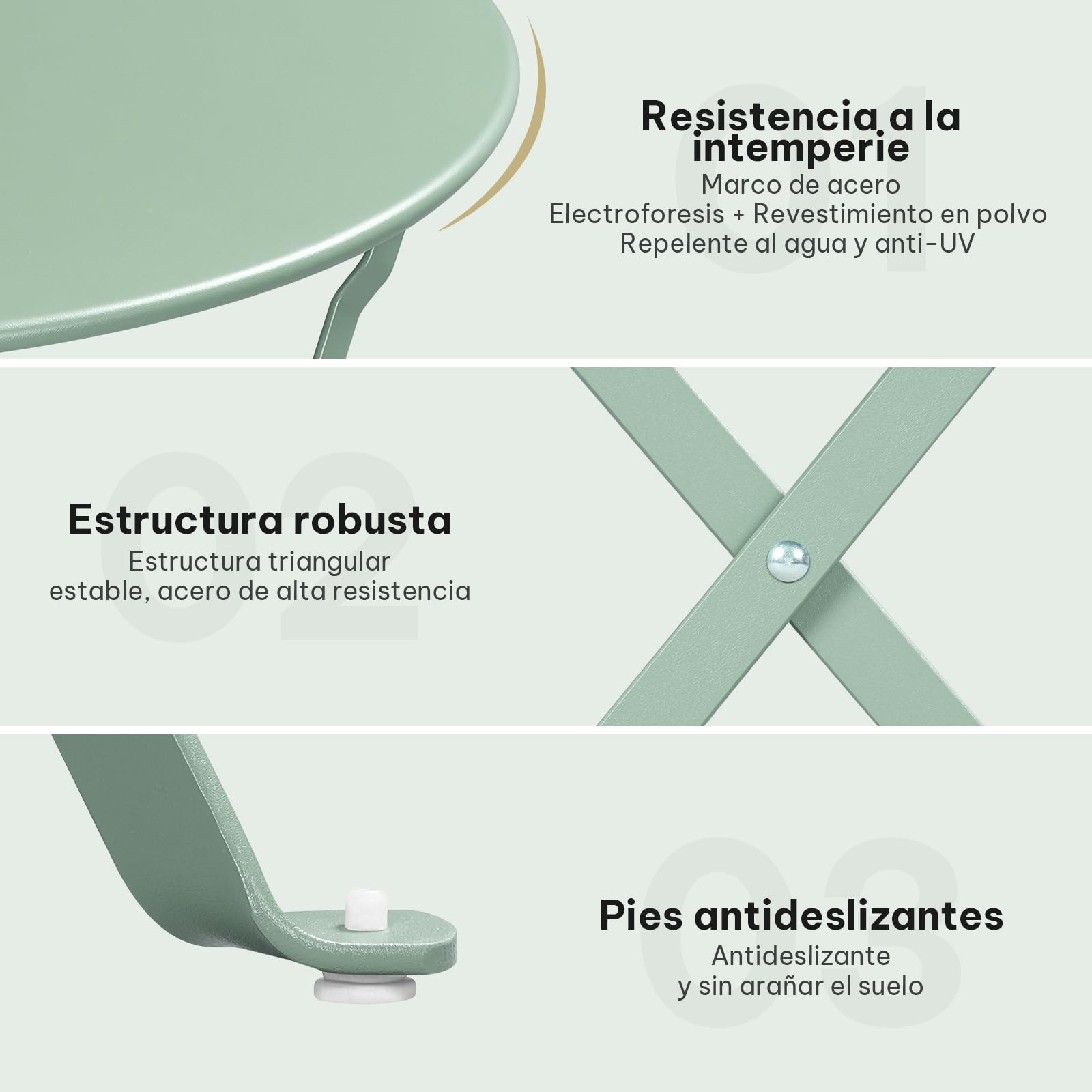 eSituro Conjunto Muebles Jardín, Mesa y 2 Sillas Plegables de Terraza, Muebles para Bistró, Balcón, Patio y Exterior, Metal Resistente, Verde