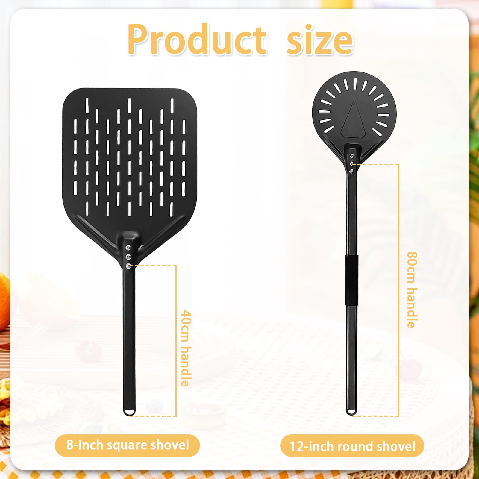 Set Pelle e Spatola per Pizza, 12 Pollici Rotonda (Manico 80 cm) + 8 Pollici Quadrata (Manico 40 cm), con Foro per Stoccaggio e Manico Antiscivolo, Ideale per Pizza e Pane