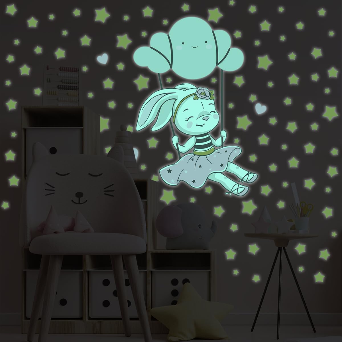 Ambiance Sticker Świecąca fosforyzująca naklejka ścienna dla dzieci fluorescencyjny królik na chmurze huśtawka - H115 x Dł. 80 cm