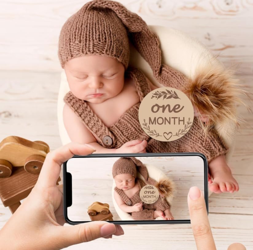 Image of Baby Monthly Milestone Marker Discs,4 Inch 1-12 Months Kraft Baby Monthly Milestone Cards Wooden Milestone Photo Cards for Baby Announcement and Milestones,Gender-Neutral Gift for Newborn Boy and Girl