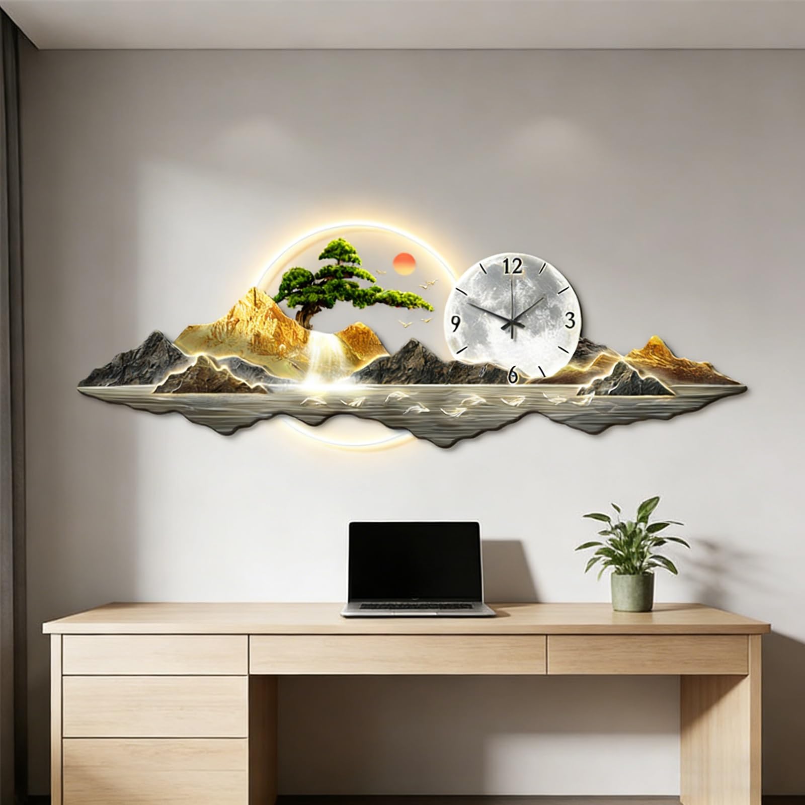 Grande orologio da parete decorativo 3D, creativo moderno dipinto artistico sfondo da parete con luce LED, orologio da parete silenzioso, camera da letto, cucina, casa, sala da pranzo (oro, 150 x 50