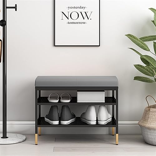 Miniatura 3 de HEXEH Shoe Rack Shoe Storage Bench, Entryway Shoe Rack with Leather Seat 3-Tier Organizer Metal Bench for Foyer Bedroom Living Room Accent Furniture