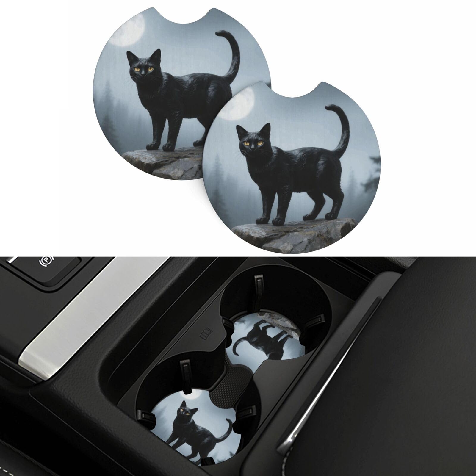 2 Pack Car Coasters,2.7" Universal Car Cup Holder Coasters Non-Slip Neoprene Cup Pad Mat Coaster Car Interior Accessories for Women Men Black Cat