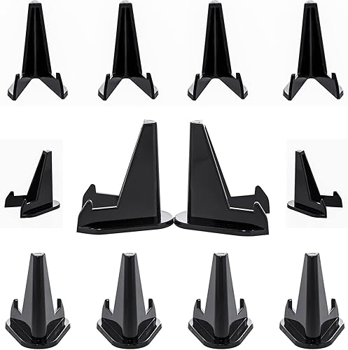 Paquete de 12 soportes de exhibición de acrílico, soporte de caballete negro para mostrar monedas, tarjetas deportivas, relojes de bolsillo,