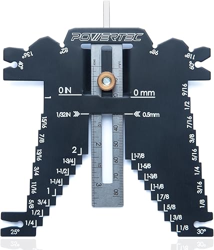 POWERTEC Medidor de profundidad universal 5 en 1 para medir ángulos de cincel, puntos de perforación y ajuste de broca, alturas de hoja de sierra,