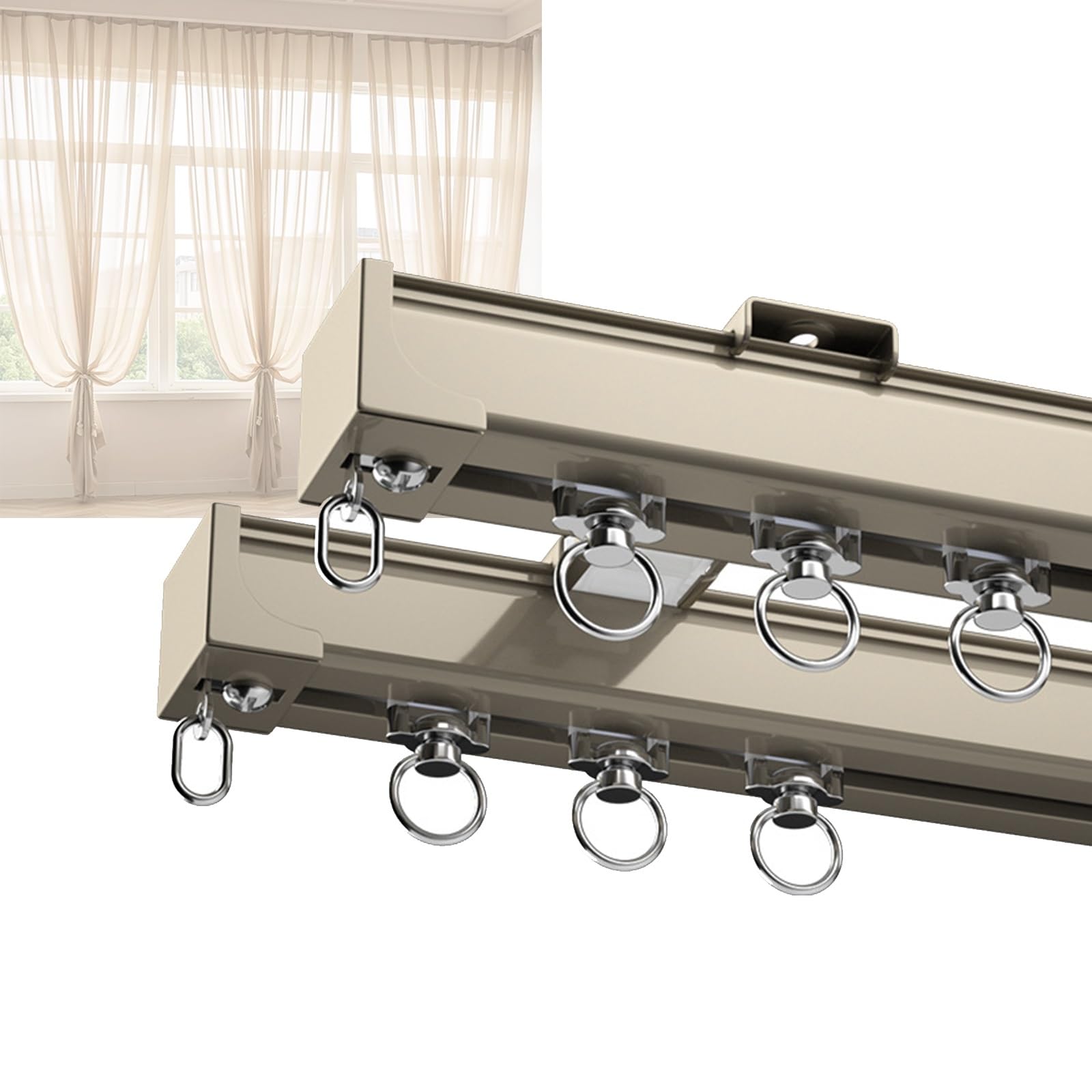 Binario Doppio Per Tende A Soffitto - Alluminio Champagne 1,2m, Scorrevole Silenzioso, Facile Installazione