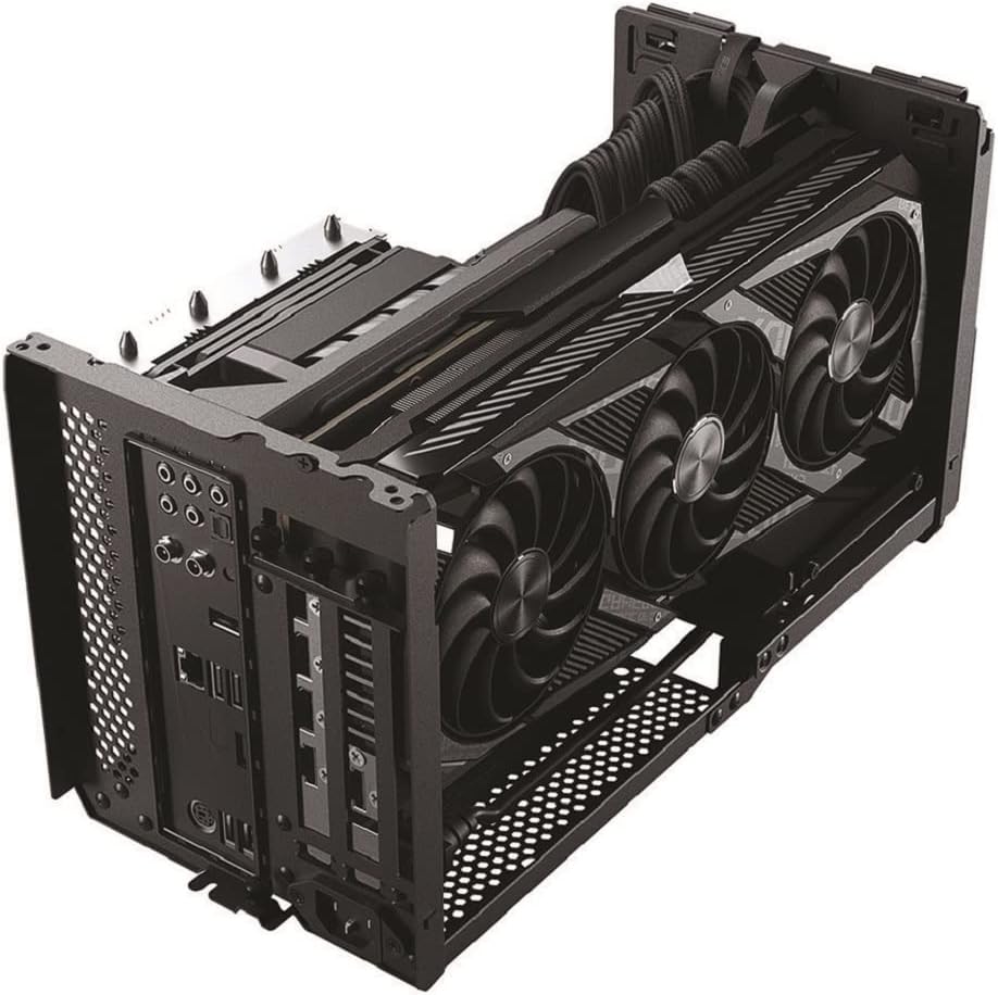 Phanteks Evolv Shift XT with top panel opened, revealing internal components and liquid cooling setup