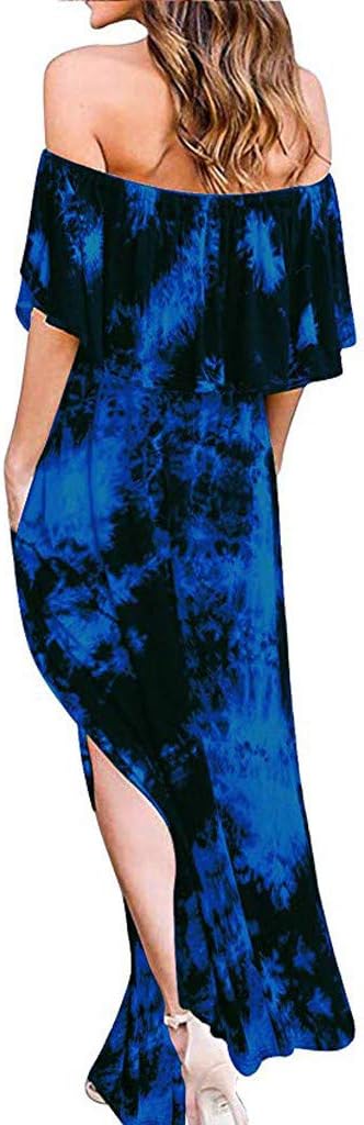 Shakumy Women Off Shoulder Tie Dye Ruffle Split Maxi Dress Casual Summer Loose Beach Long Dress with Pockets Tunic Dress