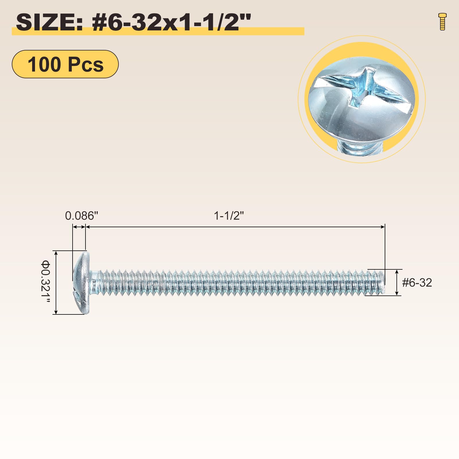 METALLIXITY Machine Screws Phillips Combo Head(#6-32x1-1/2") 100Pcs, Carbon Steel Round Head Cross Drive Furniture Bolts - Image 2