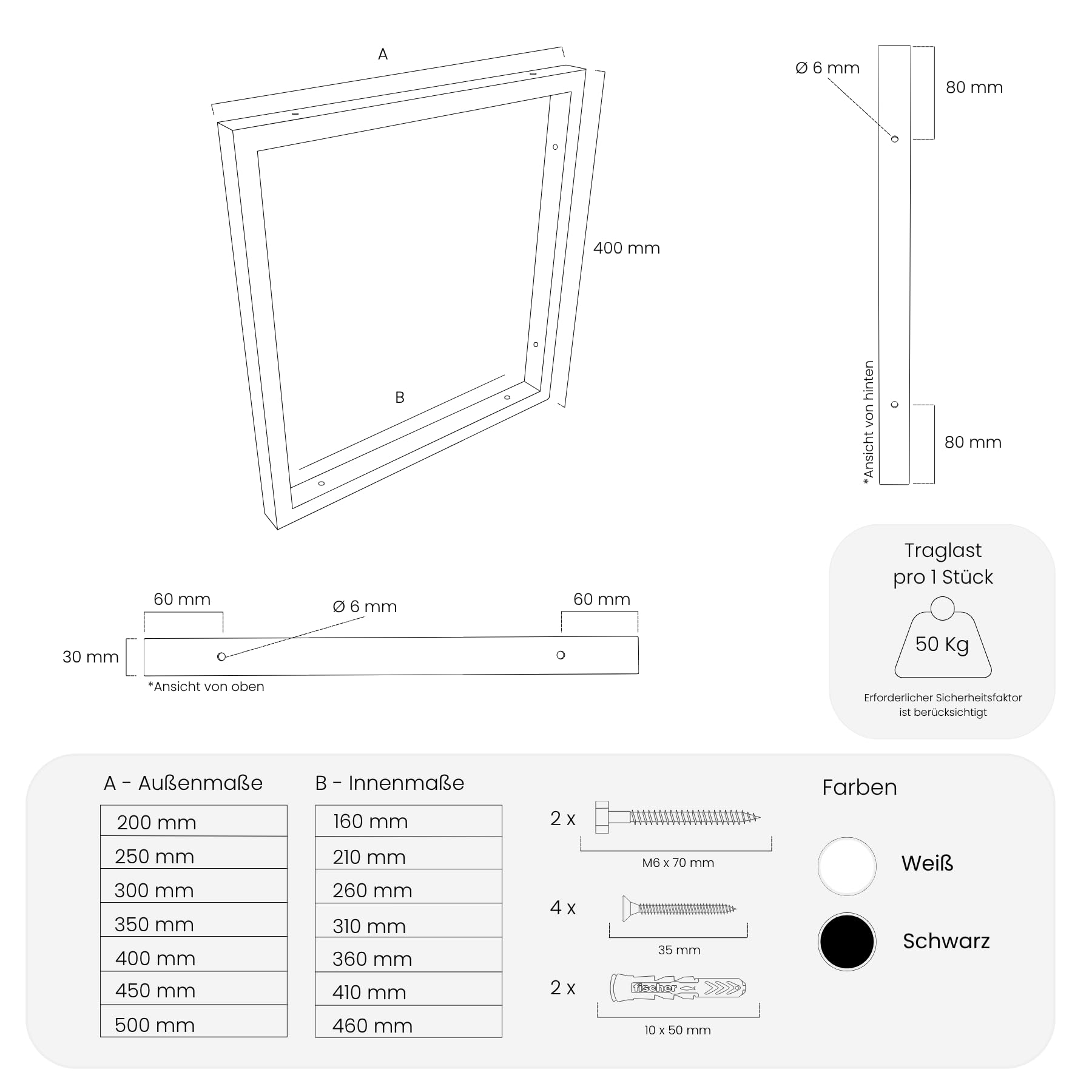 HEVVA 2er-Set Doppelwaschtischhalterung - REUSS - 2 Ebenen (50 cm, Schwarz) | Waschtischhalterung, Waschtischbefestigung, Halterung Waschtischplatte, Wandkonsole für Aufsatzwaschbecken, Waschtischkonsole