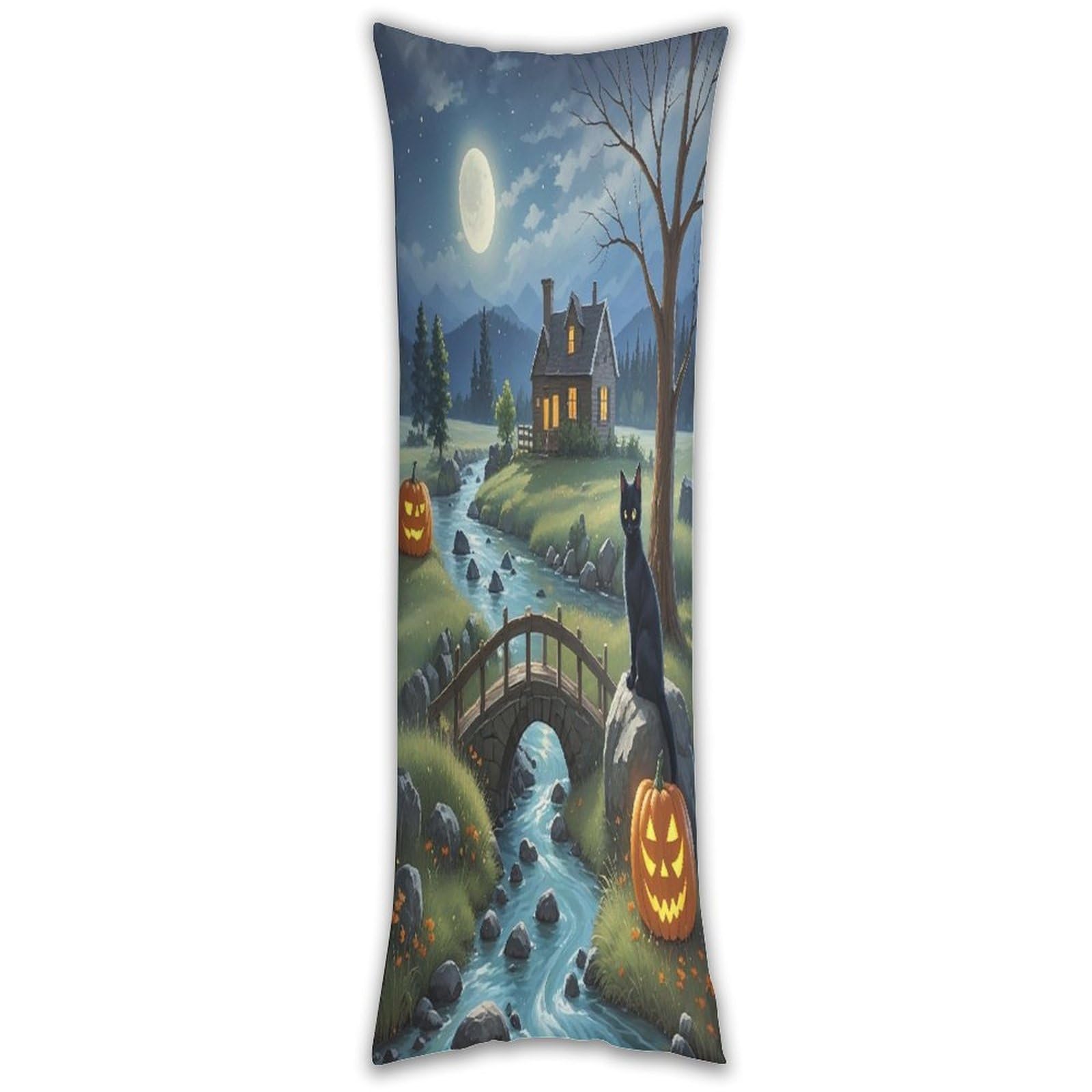 Full Moon Bridge Black Cat Long Pillow Case with Zipper Ultra Soft Microfiber Long Pillow Cover Breathable Body Pillow Protector Soft Wrinkle Pillowcase for Bed Sofa Bedroom 53 X 19 in