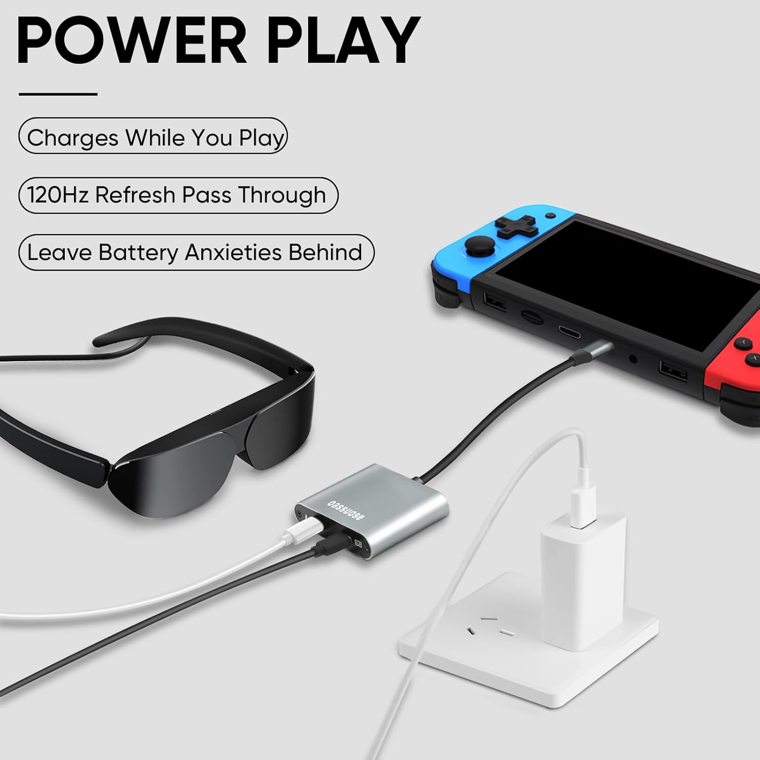 Setup diagram showing adapter connected to Nintendo Switch, AR glasses, and power adapter