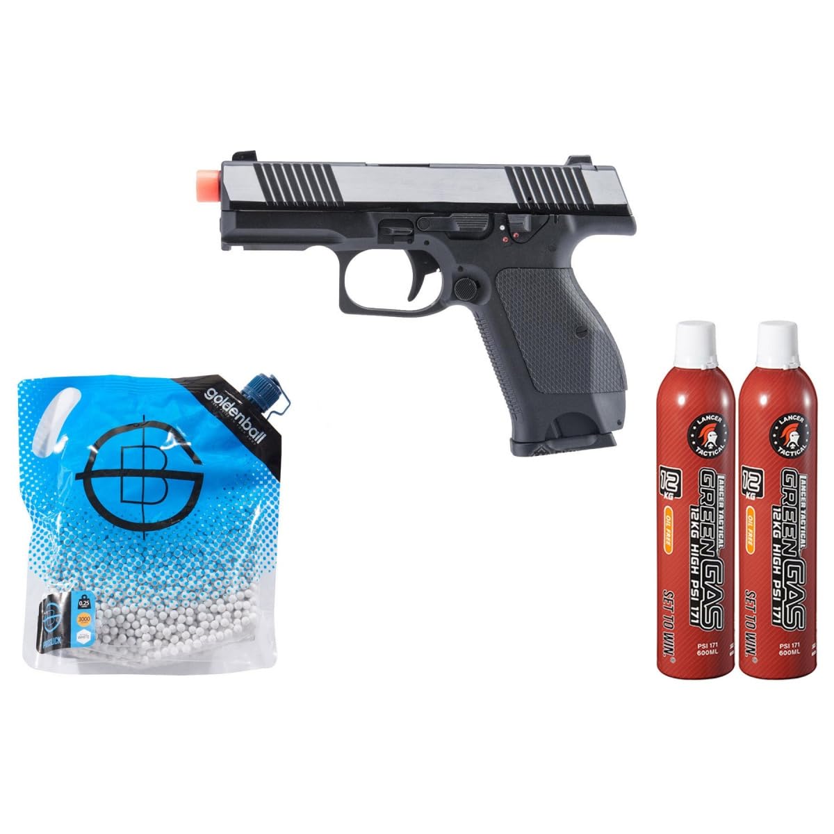 Kizuna Works KW-15K Gas Blowback Airsoft Pistol with Two Pack of Green Gas &amp; BBS (Chrome/Black)