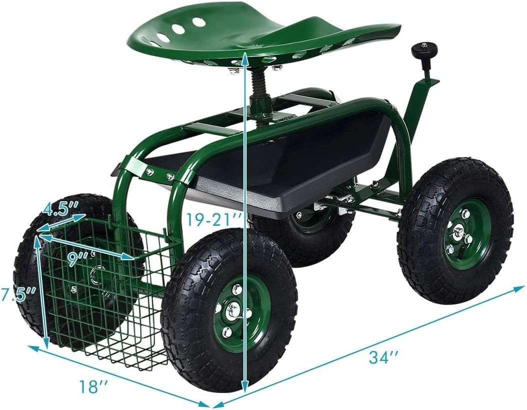 GRAFFY Garden Cart w/Wheels, Mobile Rolling Work Seat w/Tool Tray and Basket, Lawn Wagon Cart with Rotating and Adjustable Seat, Patio Yard Stool Cart, Green