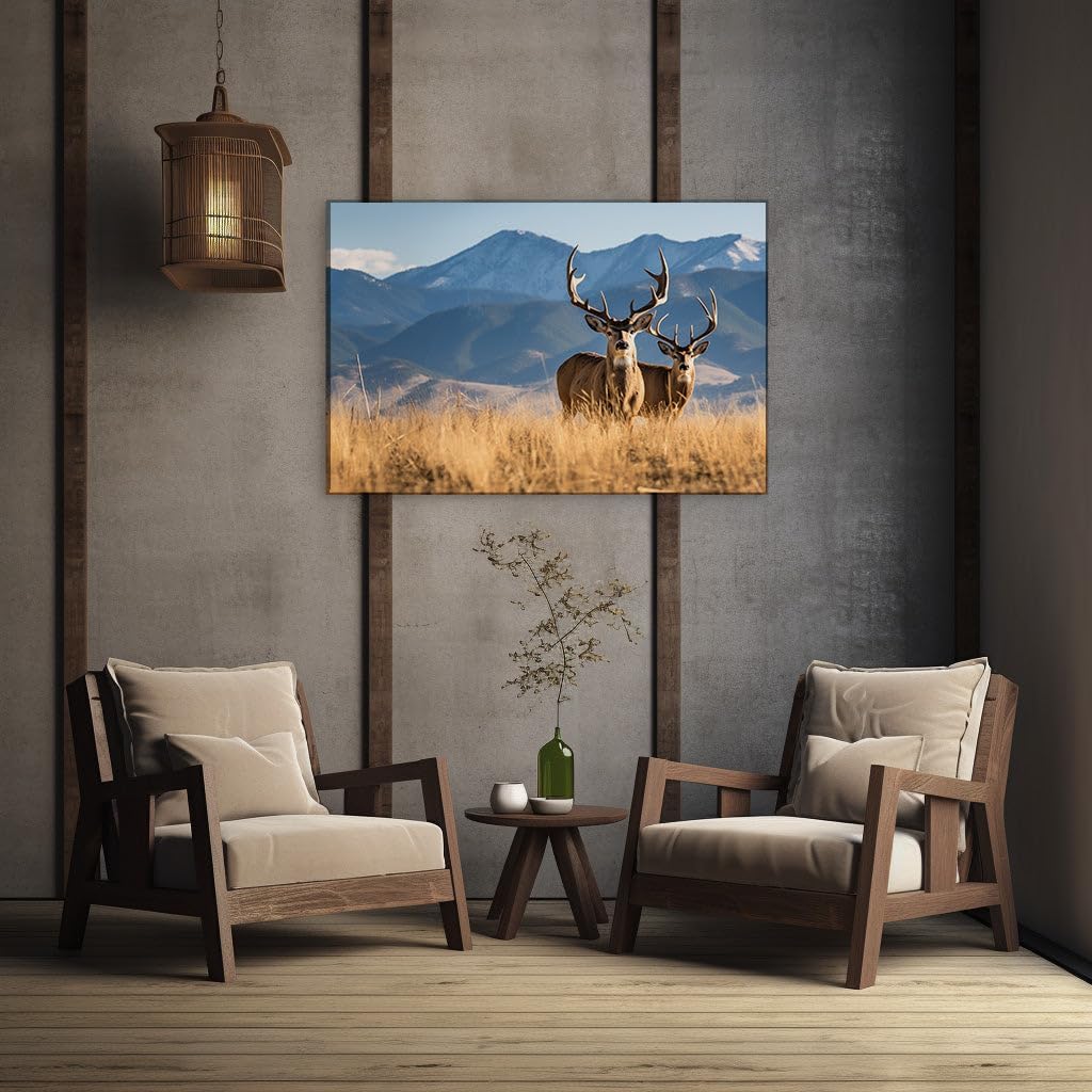 Canvas for Living room. Majestic Tranquility: Encountering Graceful Deers Amidst Snow-Capped Serenity, 27 x 18 inch Canvas Wall Art - Ready to Hang - 100x66 cm (39x26 inch)