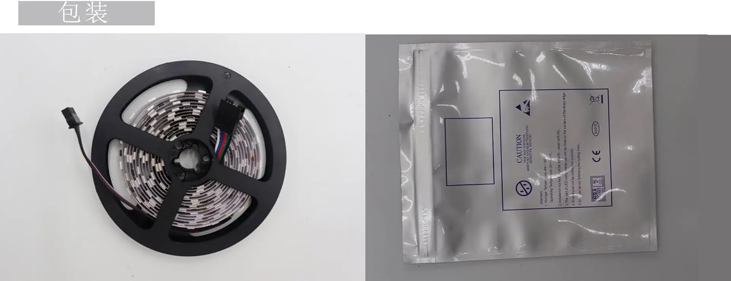A roll of LED strip light with a connector cable and a sealed anti-static packaging bag.